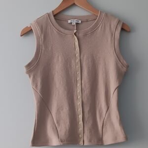 House of Thread Ribbed Snap Button Cotton Tank Top Light Tan Sleeveless M